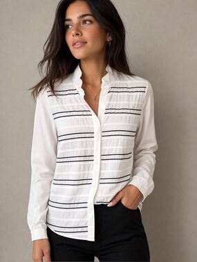 Lafayette 148 New York White Button-Down Shirt with Black Stripes